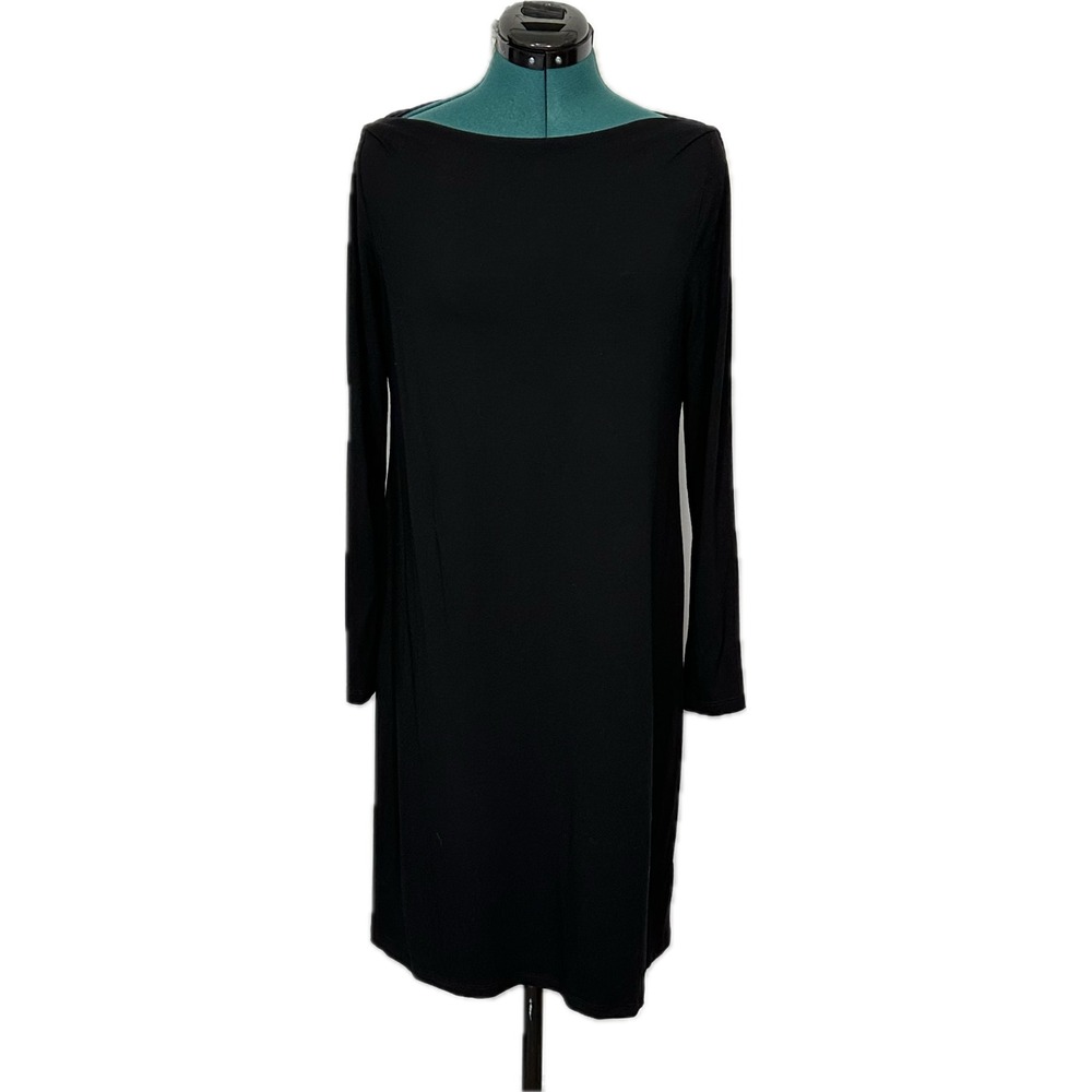 Eileen Fisher Dress Long Sleeve Boat Neck M Black Jersey Knit Tunic Shift